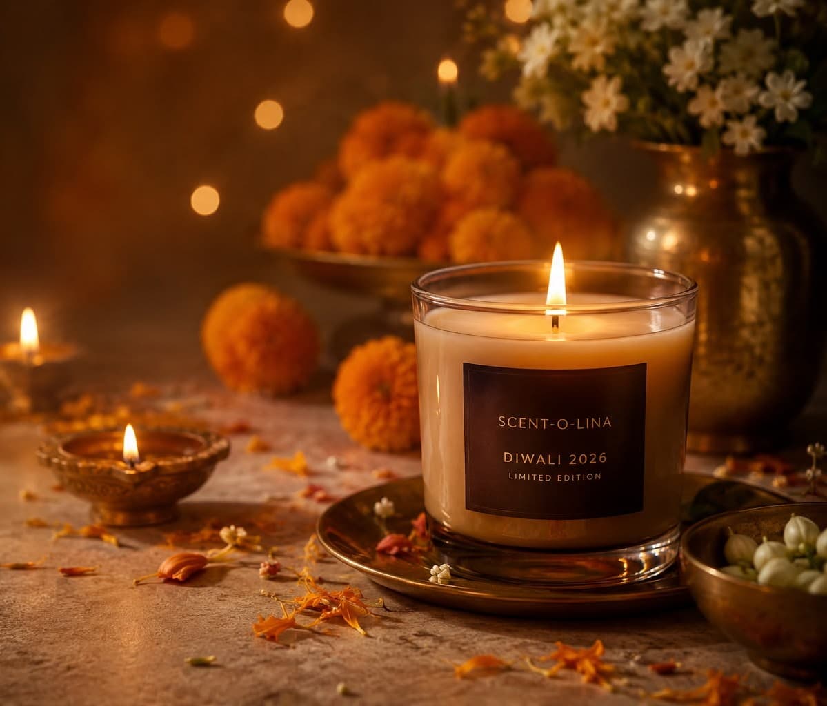 A Scentolina candle among marigolds, jasmine and brass lamps for Diwali