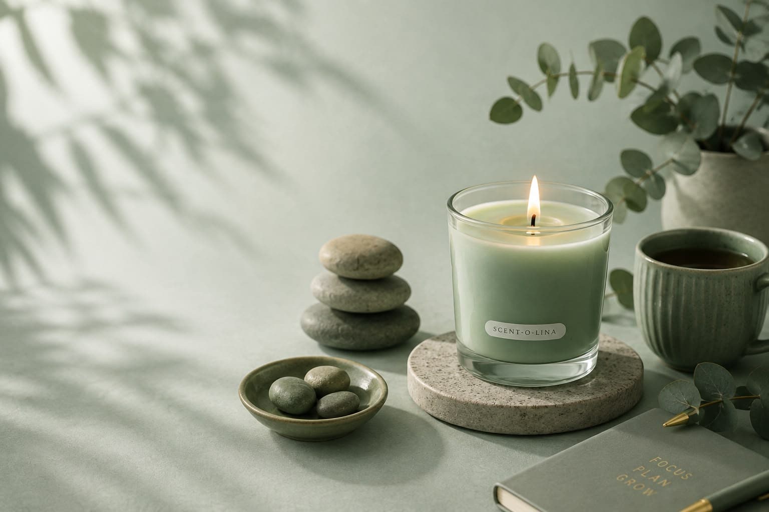 A Scentolina candle beside tea, stones and eucalyptus