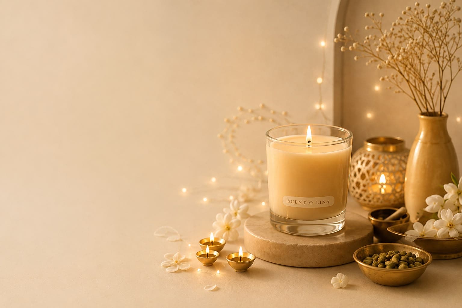 A Scentolina candle beside jasmine and brass