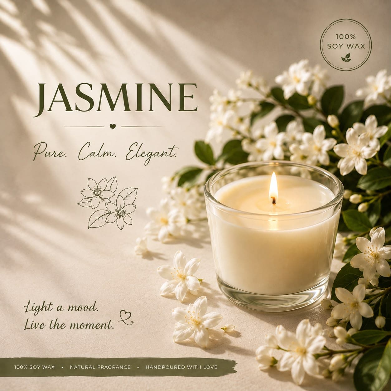 A golden candle with jasmine, cardamom and warm lights