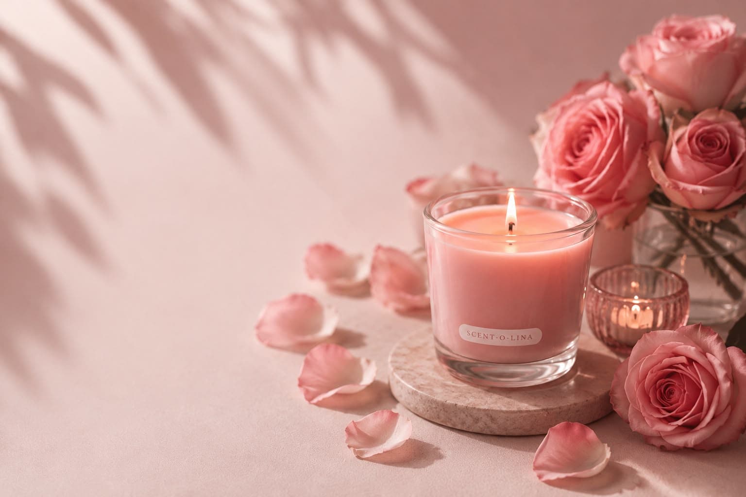 A Scentolina candle surrounded by pink roses