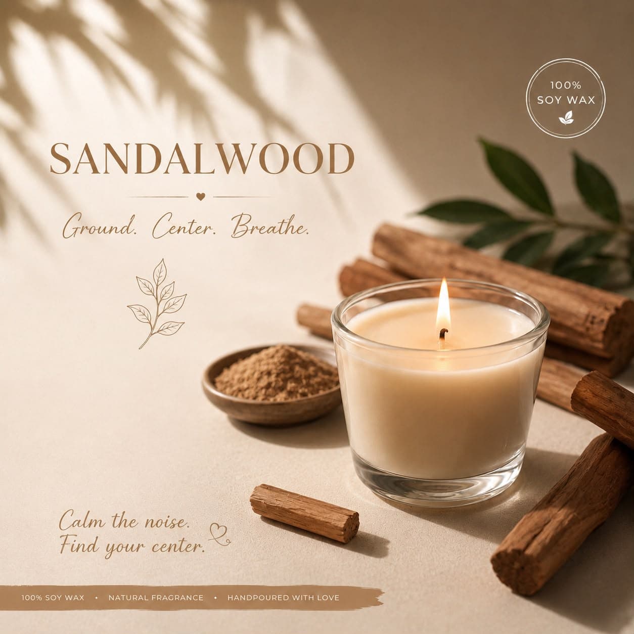 A warm candle glowing beside brass and jasmine